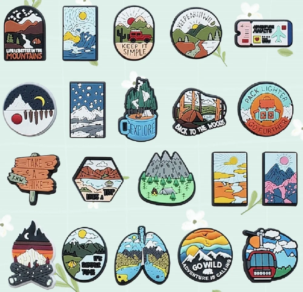 

20Pcs PVC Shoe Charm Hole Slipper Decorations Sunrise Cartoon Mountain Camping Series DIY Buckle Accessories for Travel
