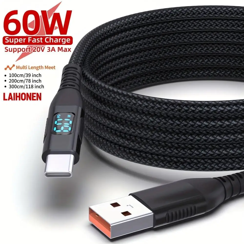 LAIHONEN 60W 9V2A 6FT USB-A to C Cable, LED Display Nylon Braided Charge, For IPhone15 Pro Samsung S23 iPad Pro MacBook22 Google
