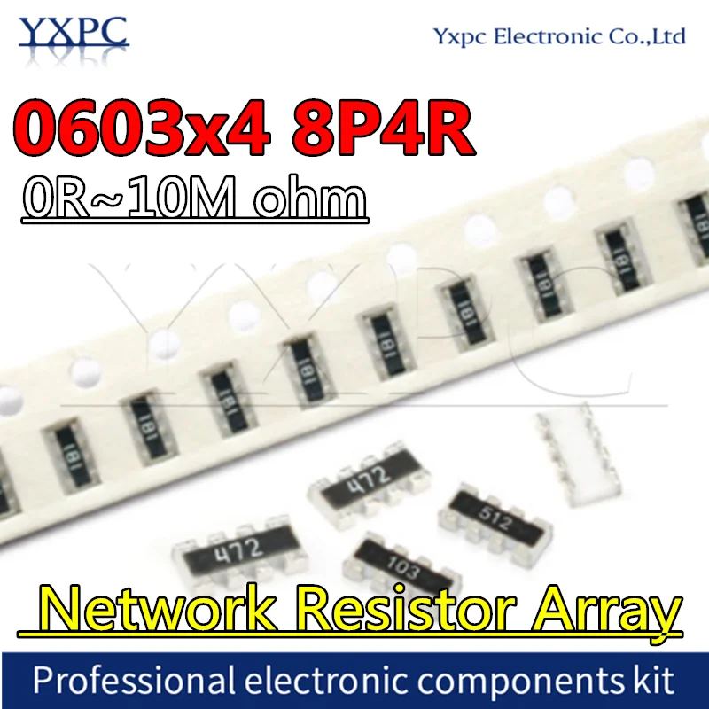 

100pcs 0603*4 8P4R 4D03 SMD Network Resistor Array 0R~10M 1 10 22 47 100 220 330 470 1K 2.2K 4.7K 10K 22K 47K 100K 220K 470K ohm