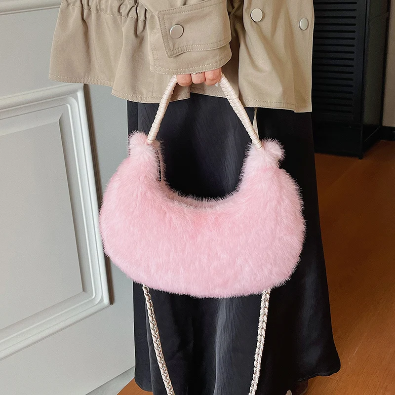 Halbmond-Design Lammwoll-Handtasche Clutch für Damen 2026 Winter Weiche Flauschige Handtasche Halbkreis-Plüsch-Umhängetasche Bolsa – Detail 18