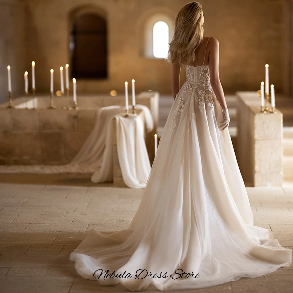 Charming A-Line Tulle Wedding Dress Handmade Flowers Vestido De Novia Customized Spaghetti Straps Zipper Back Robe de mariée