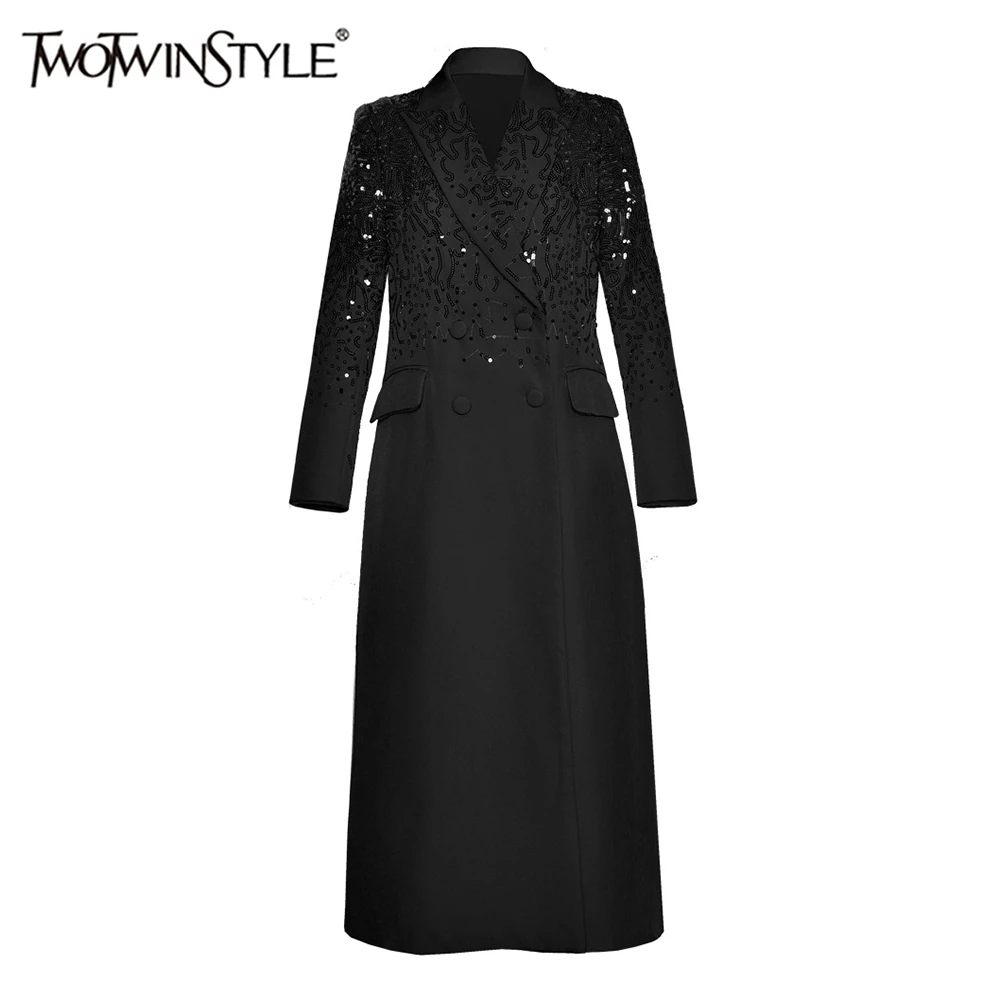 TWOTWINSTYLE Solid Embroidery Elegant Trench For Women Lapel Long Sleeve Spliced Double Breasted Slimming Coats Female Fashion