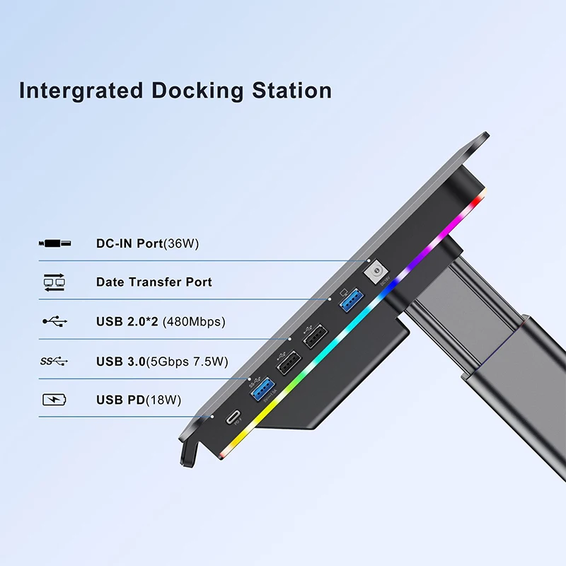 Adjustable Desktop Monitor Stand with USB Hub LED RGB Lighting Laptop Height-Adjustable Stand for Enhanced Workspace Organizatio