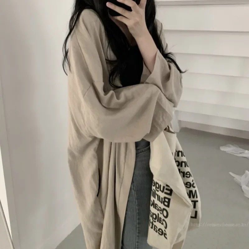 Korean Fashion Loose Solid Colors Thin Trench Spring Summer Keep Warm Windproof Cardigan Women Long Sleeve T-shirts Casual Tops