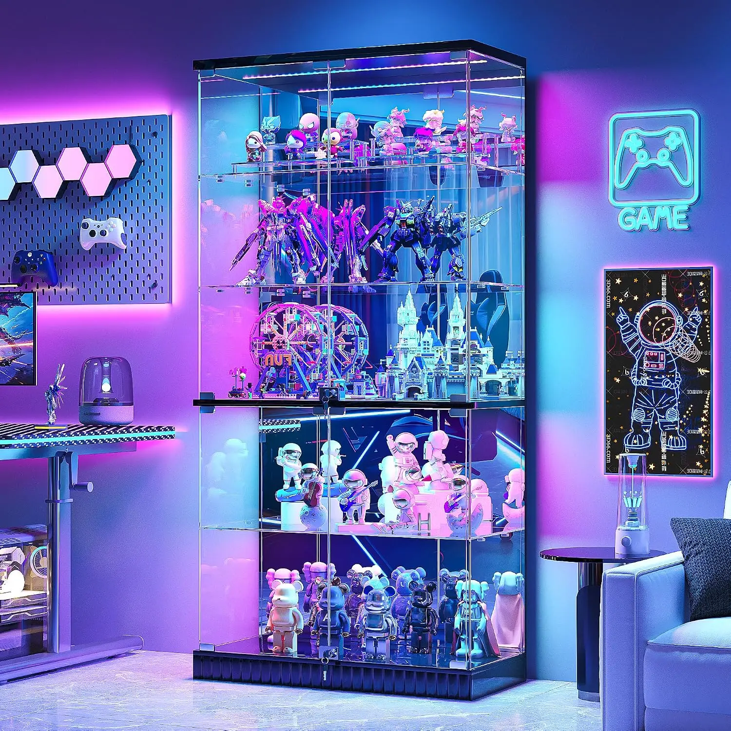 Tempered Glass Display Cabinet 67 Tall 5 Tiers Removable Shelves Dual Locks Motion Sensor Rgb Lighted Curio Cabinet Lockable Gla