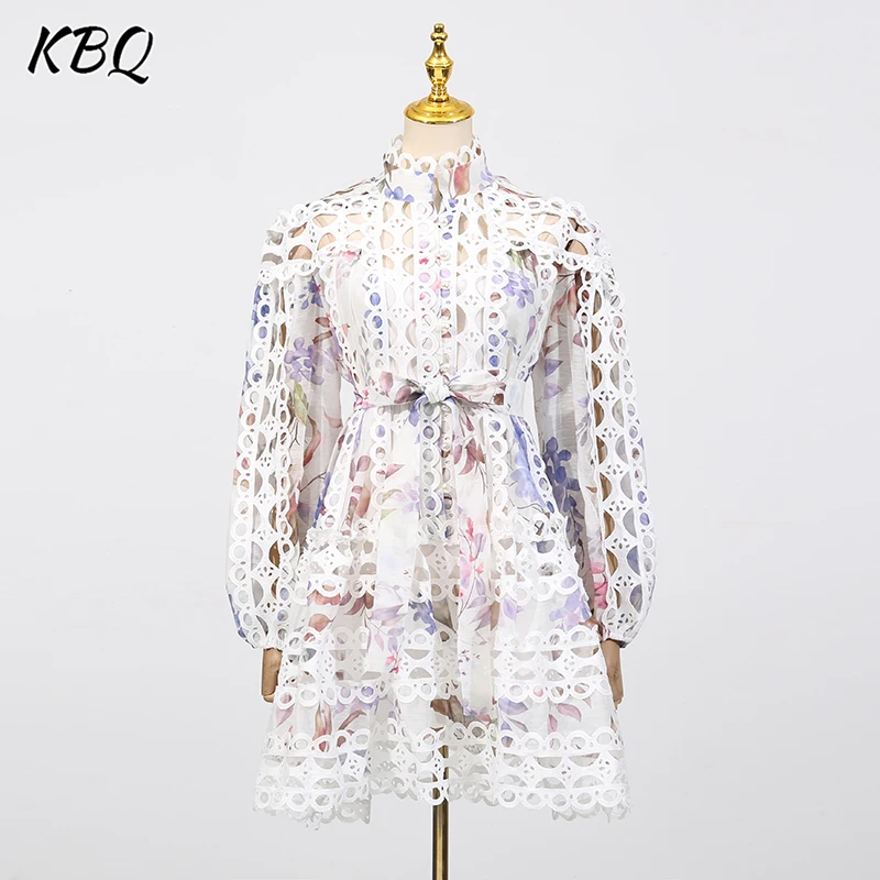 

KBQ Elegant Hollow Out Slimming Chic Dresse for Women Stand Collar Long Sleeve High Waist Spliced Lace Up Dress Female Fashion
