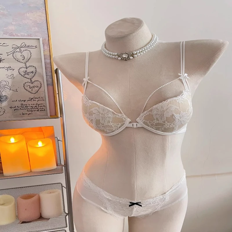 Women Front Closure Lace Lingerie Set Wire Free Push Up Bra Thin Lined Delicate Shoulder Straps Sexy Exquisite Daily Underwear