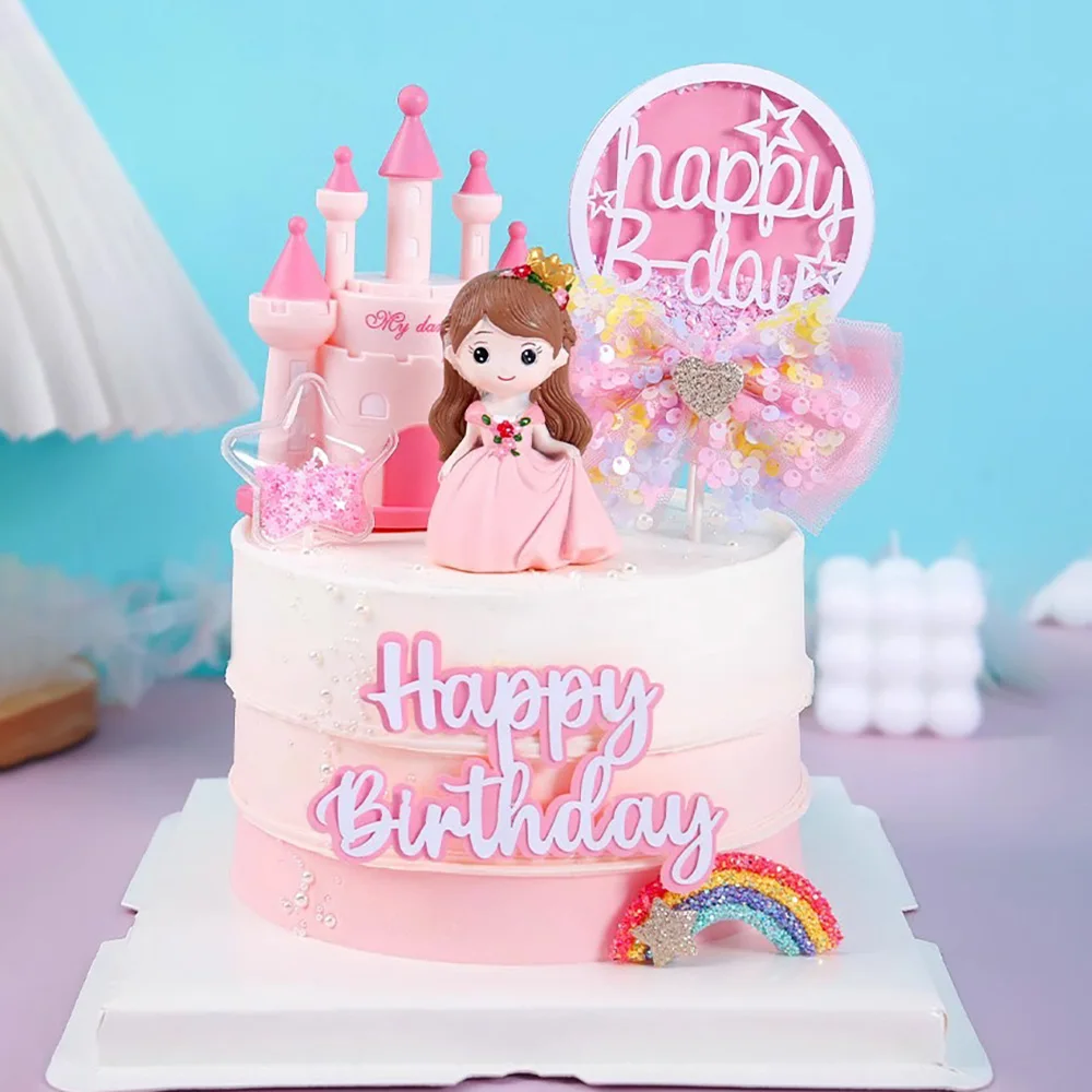 Princess Cake Topper Girl Princess Stands in a Hot Air Balloon Wooden Horse Cake Decorations for Kids Happy Birthday Party Decor