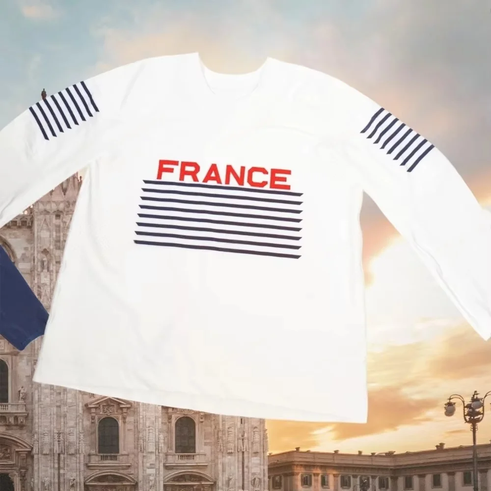 

Футболка для хоккея с шайбой сборной Франции, темно-синяя, с полосатым узором, для Чемпионата мира IIHF