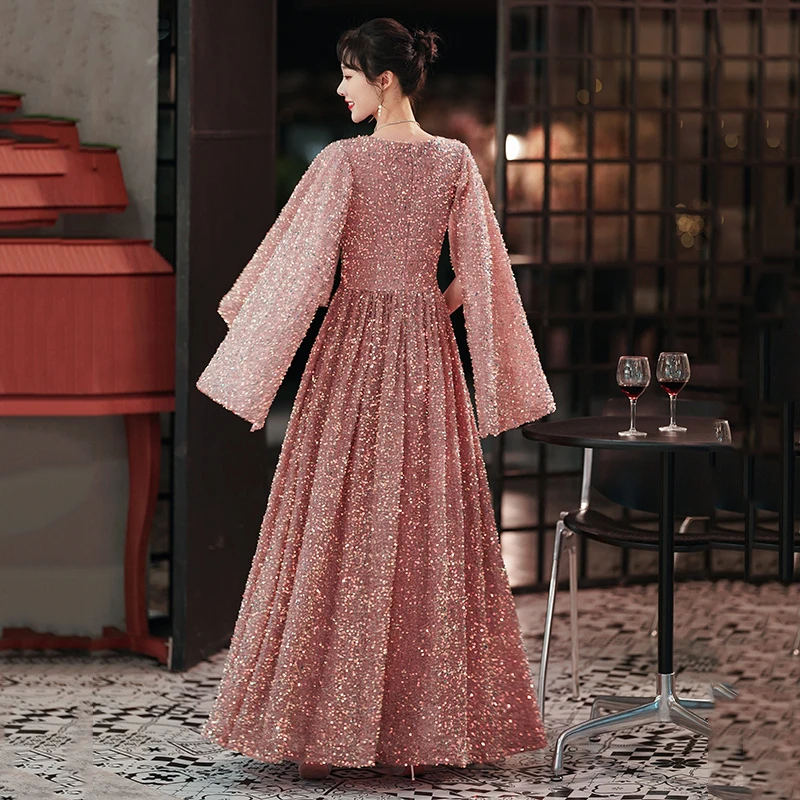 Vestido de noite rosa lantejoulas com decote em v meia mangas zíper volta plissado a linha até o chão mais tamanho simples vestidos de festa femininos c1777