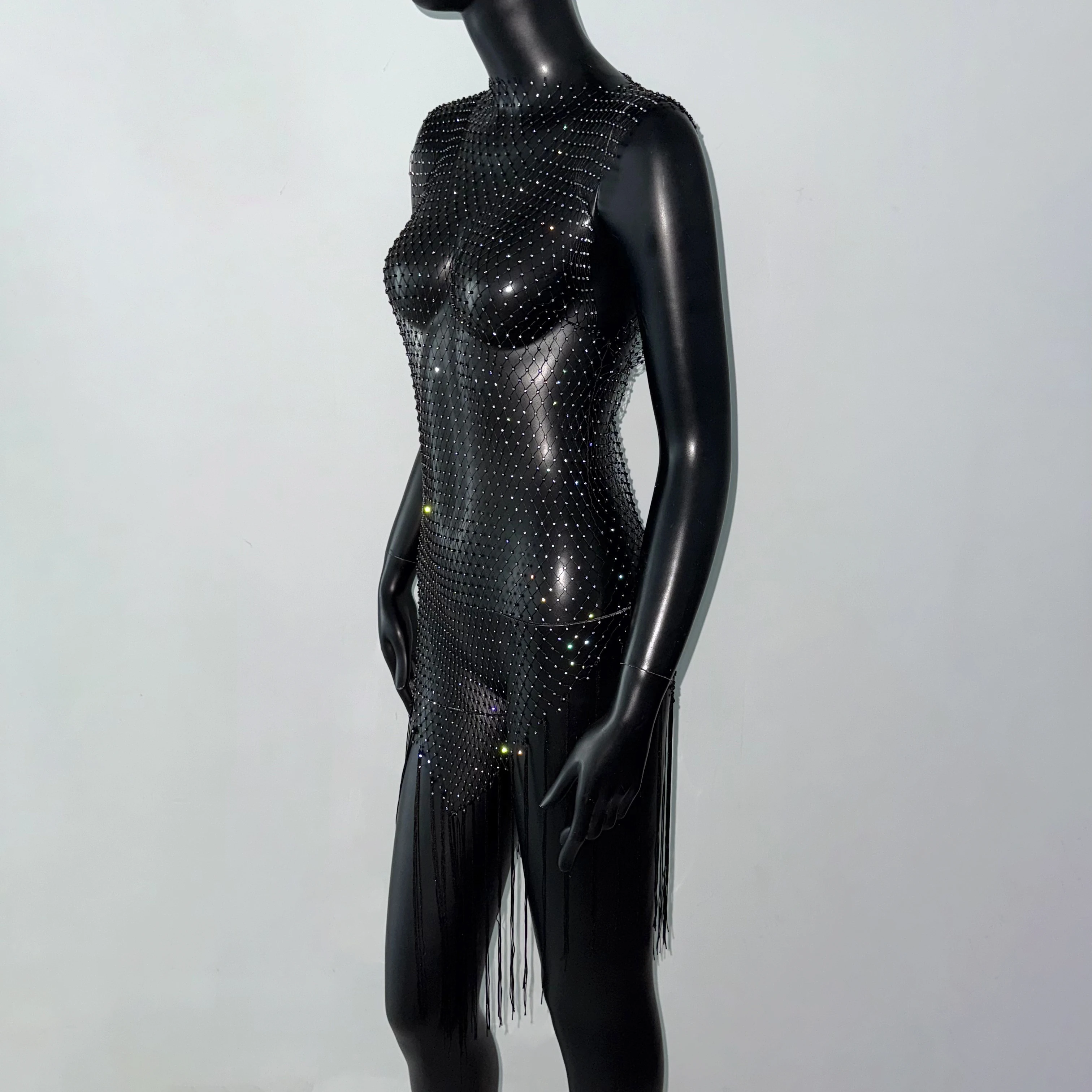 أنيقة شبكة مرصعة بأحجار الراين فستان شبكي طويل للنساء مثير منظور جوفاء بلا أكمام فستان ميدي الهذيان فساتين حفلات الكوكتيل جديد