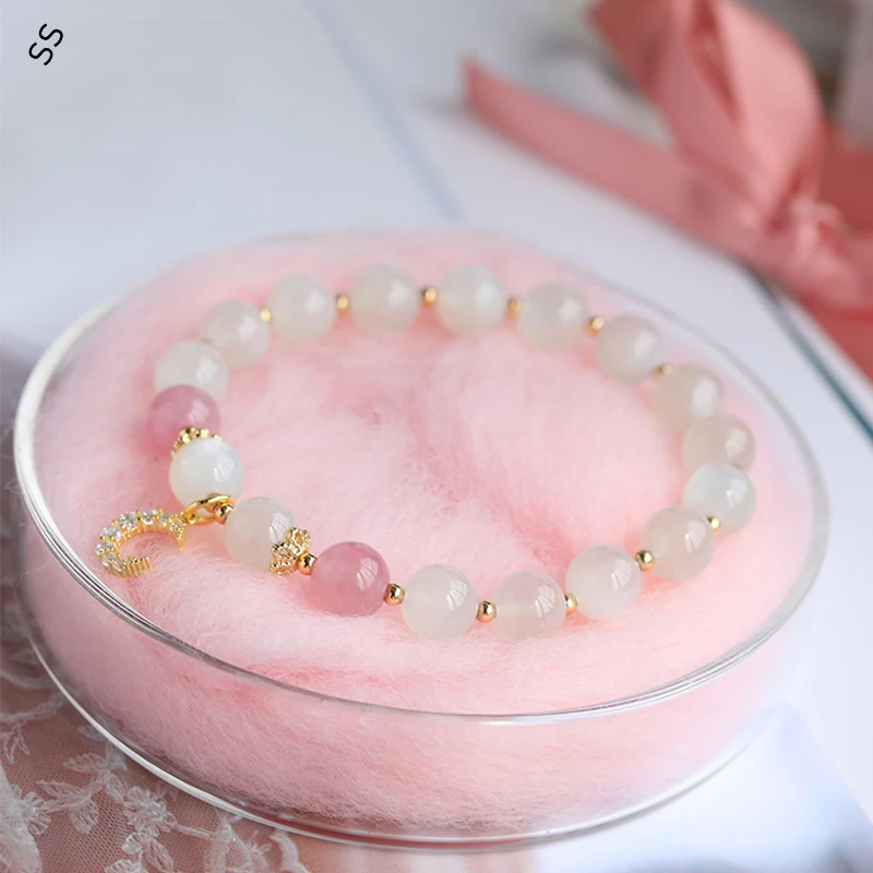 Fashion Natural White Moonlight Bracelet Copper Plated Gold Inlaid Diamond Moon Pendant Strawberry Crystal Bangles for Women