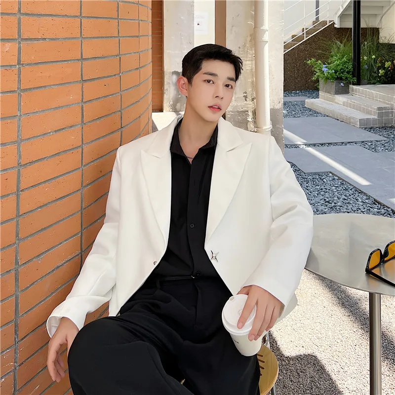 

Весенняя мужская куртка-пиджак из полиэстера с простым однотонным дизайном, модная повседневная модель с подплечниками