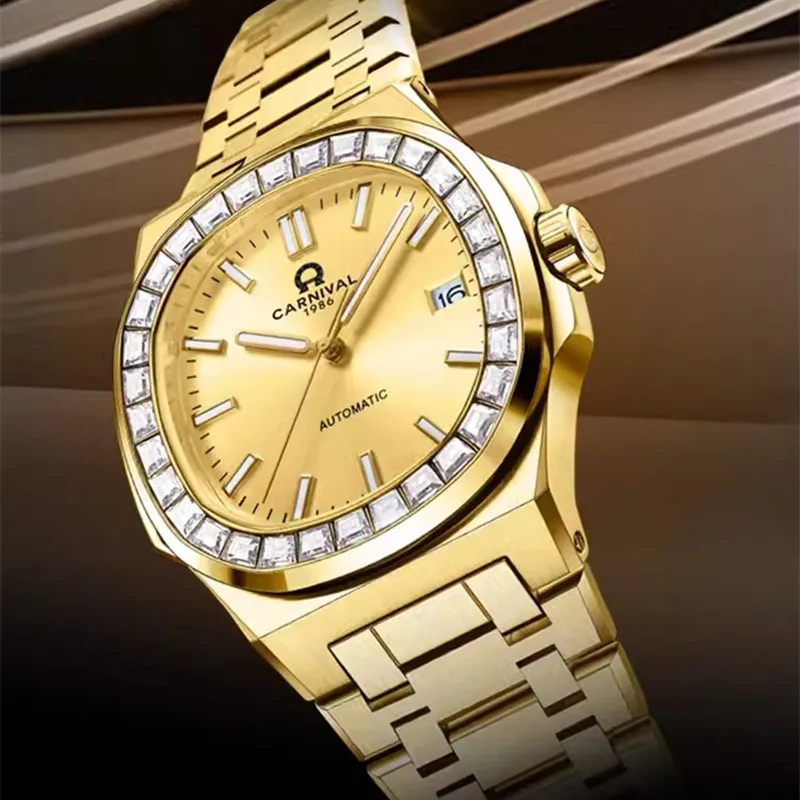 

CARNIVAL Mechanical Gold Watch Brand Luxury NH35 Movement Stainless Steel Automatic Wrist Watch Waterproof for Men Montre Homme