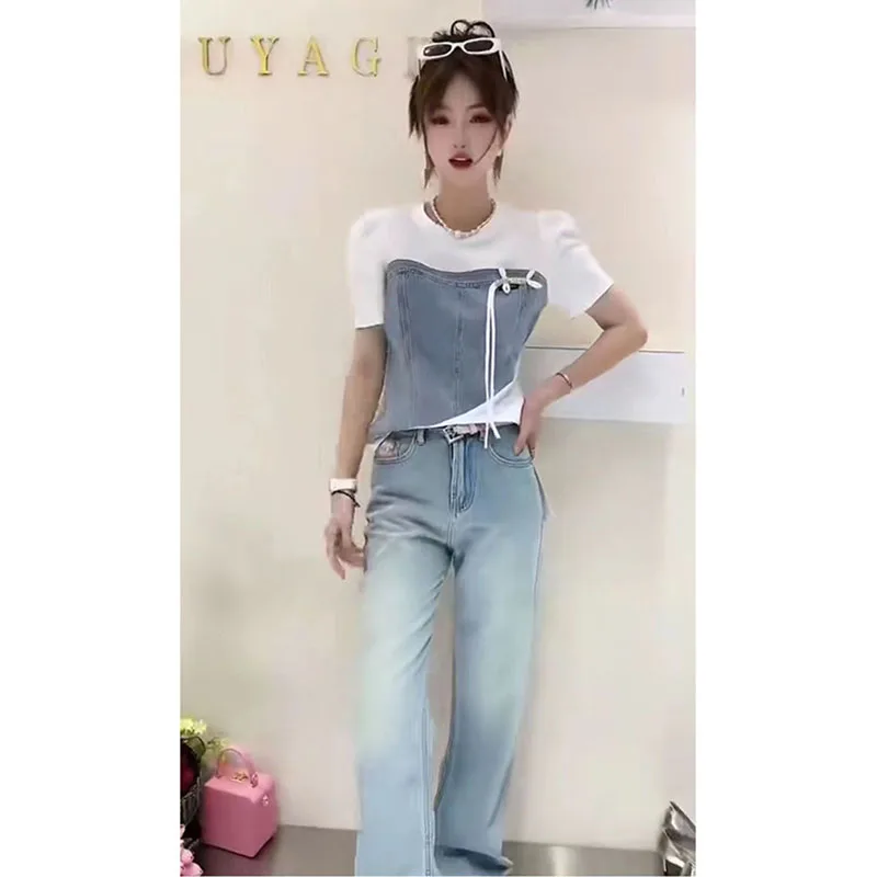 Fashion Denim Stitching Contrast T-Shirt Short Sleeve Women\'s Summer New Niche Design Slim Online Celebrity Shirt