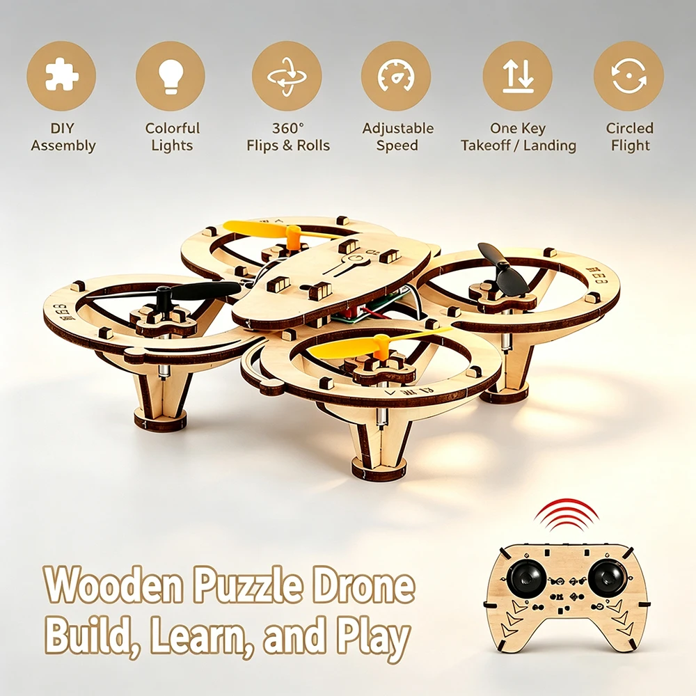 DIY Wooden Building Drone Toy Remote Control Quadcopter With 360 Degree Flip Adjustable Speed STEM Learning Gift Educational Toy