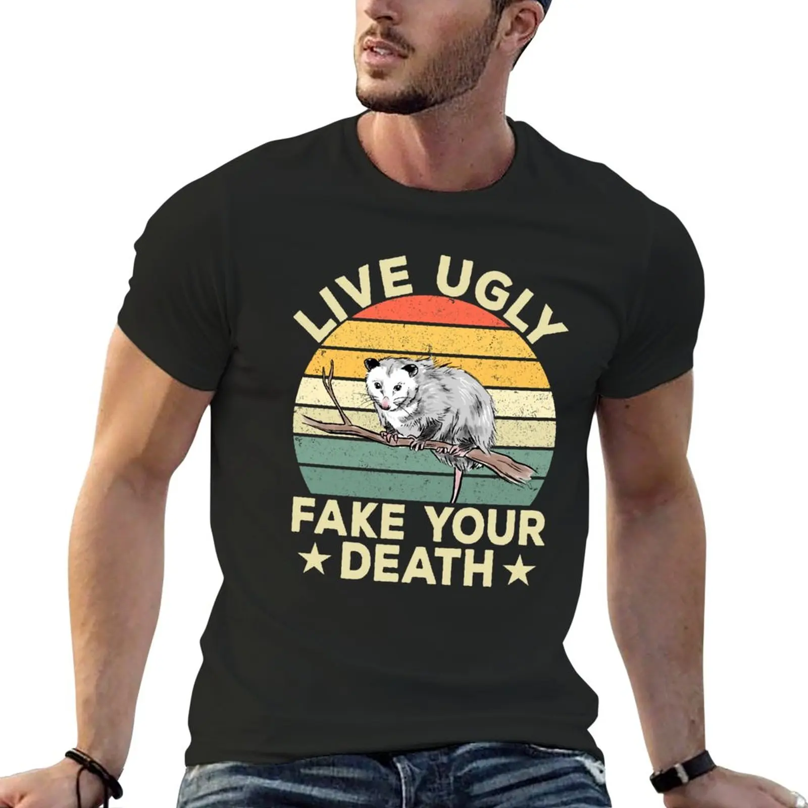 

Live Ugly Fake Your Death Retro Vintage Opossum Funny gifts T-Shirt summer clothes Short sleeve tee mens graphic t-shirts