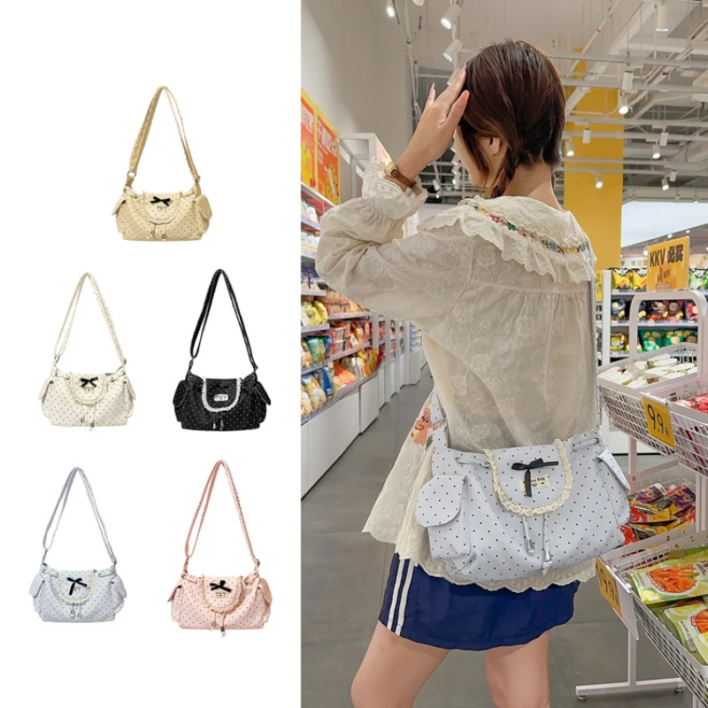 Korean Style Sweet Lace Trim Polka Dot Crossbody Bag Women Cute Bowknot Drawstring Flap Shoulder Bag