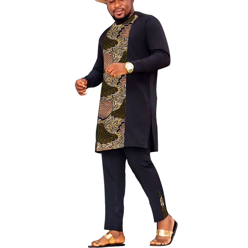 Ropa de cultura africana para hombre, camisa de retales con pantalones negros sólidos, conjuntos de moda nigeriana, trajes de novio, traje de boda para hombre