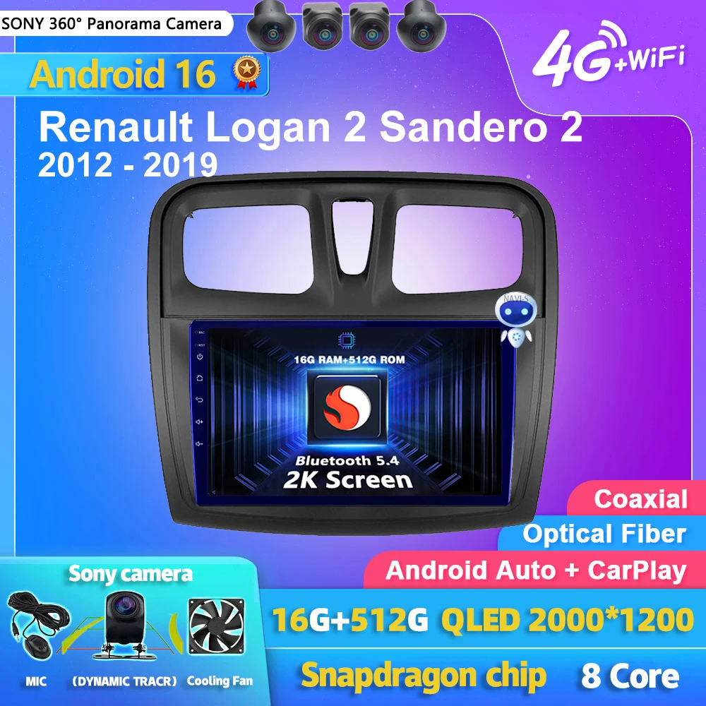 Android 16 Carplay Auto 2K Screen Car Radio Multimedia Player For Renault Logan 2 Sandero 2 2012-2019 Autoradio Stereo Head Unit
