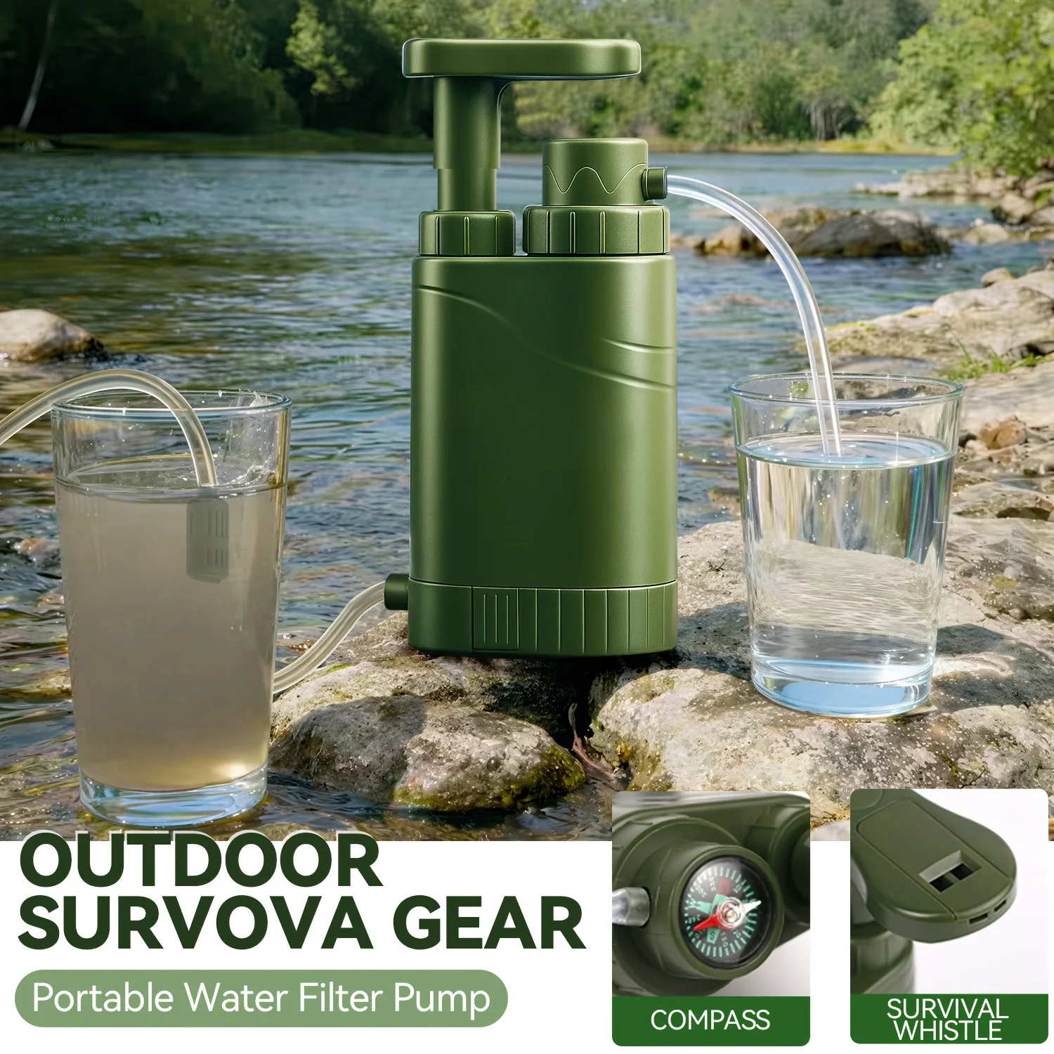 Portable Water Purifier Pump with Replaceable Carbon 0.01 Micron Water Filter | 4 Filter Stages, ABS Material, Ideal for Camping, Hiking, Backpacking - Easter, Independence Day, Christmas, Father's Day, Water Filtration System for Survival Situations
