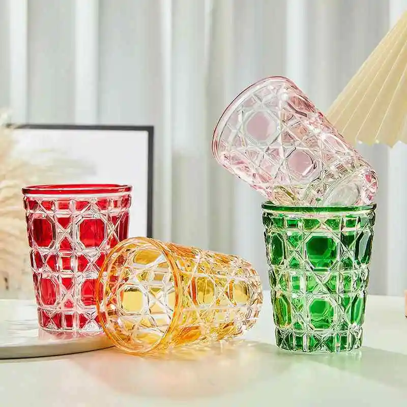 Colored Embossed Glass 310ml Vintage Lattice Diamond Pattern Water Cup for Juice Coffee Household Beautiful Exquisite Glass