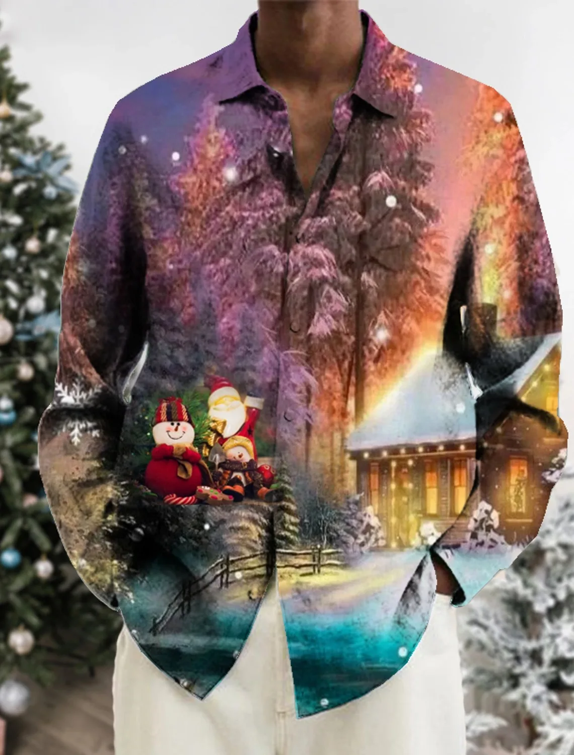 FD24347025Man Christmas Scene Print Shirt Santa Claus Deer Lapel 3D Outdoor Long Sleeve Button-Up Print Fashion Designer Style