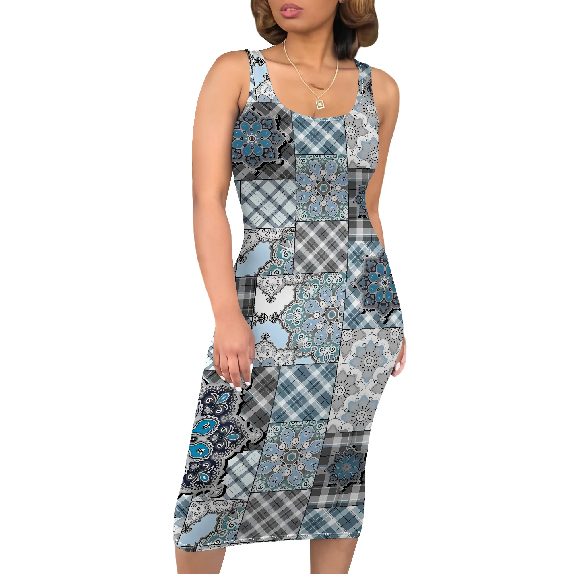 EQQZD ボヘミアンノースリーブラウンドネックドレス、パッチワークパターンプリントサスペンダーミディドレス、標準サイズドレス