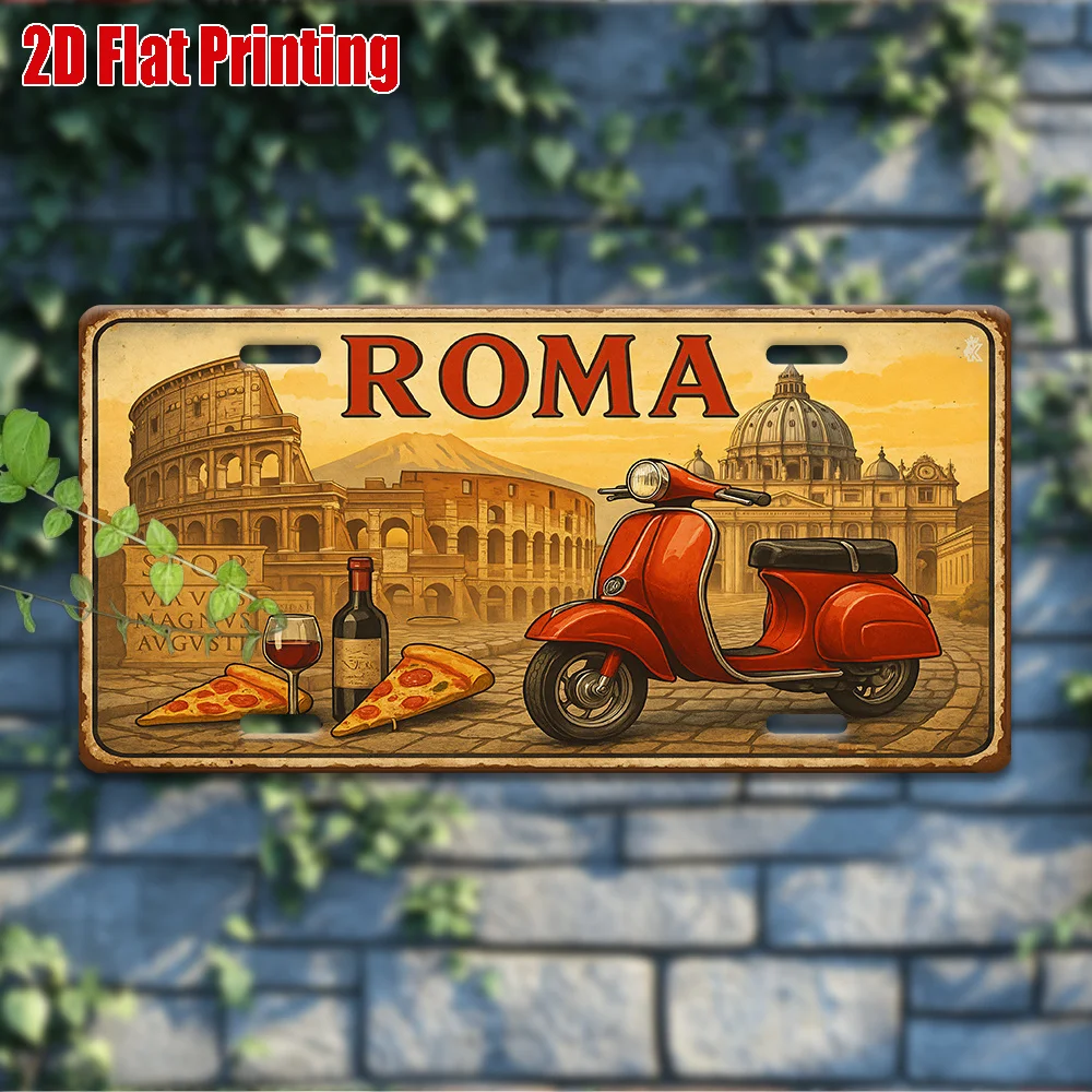 Letrero Metálico HD, Placa de Matrícula Vintage de Scooter del Coliseo de Roma, Italia, Arte de Pared Metálico, Decoración Retro de Cultura Italiana para Bar o Cuarto de Hombre