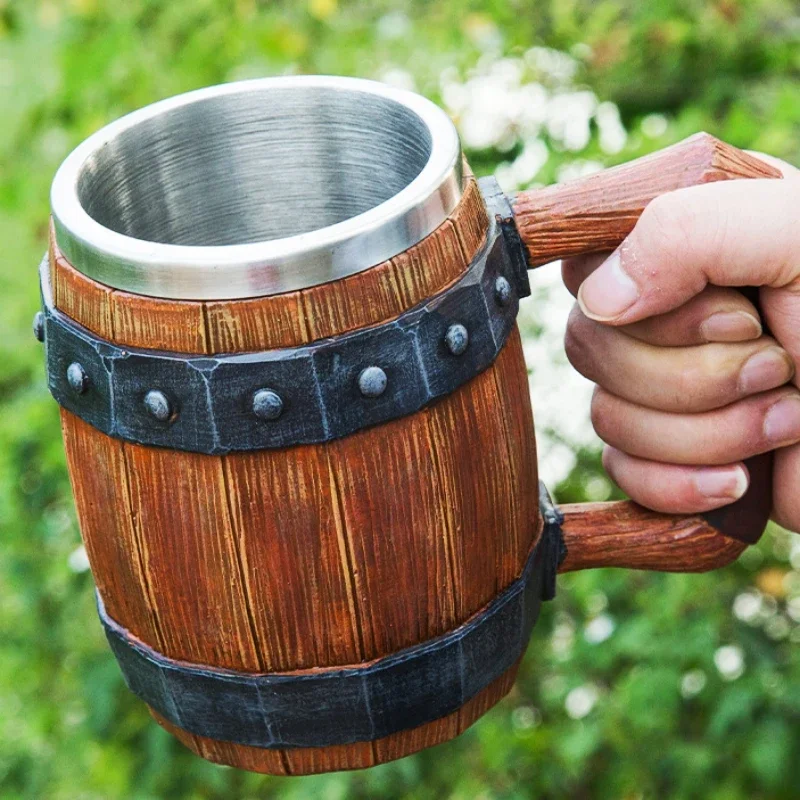 Beer Mug 600ML Resin Stainless Steel  Retro Tankard Coffee Cup Imitation Wooden Deutschland Cask Brown Bar Personality