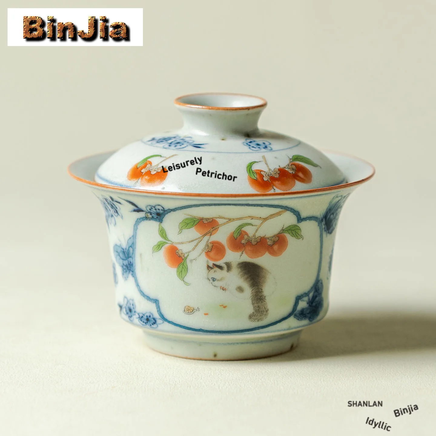 

140ml Hand Painted Persimmon Cat Gaiwan Aesthetic Tea Tureen Tea Bowl With Lid Kit Tea Maker Cover Bowl Cafes Decoration Craft