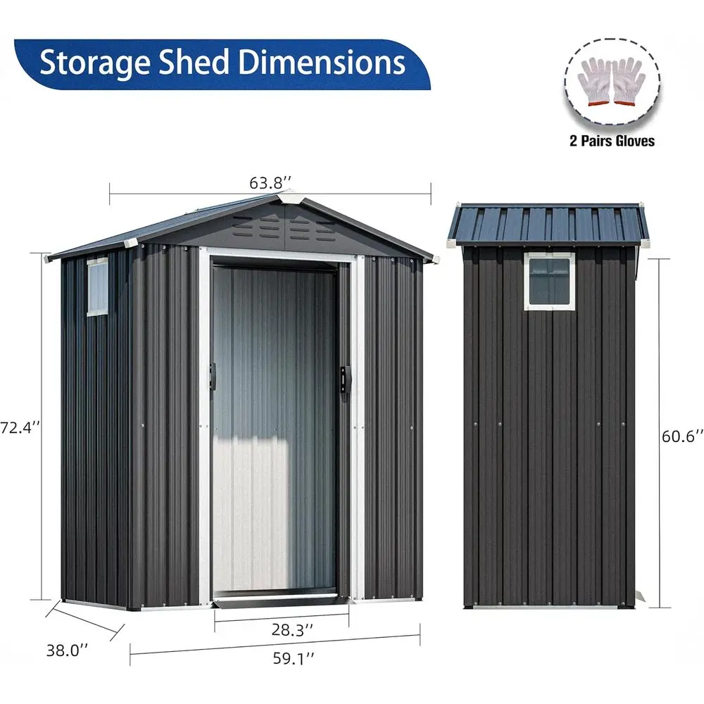 5x3 Metal Outdoor Garden Storage Shed with Window, Lockable Double Door, Weather Resistant Steel Shed for Patio, Lawn (Gray)
