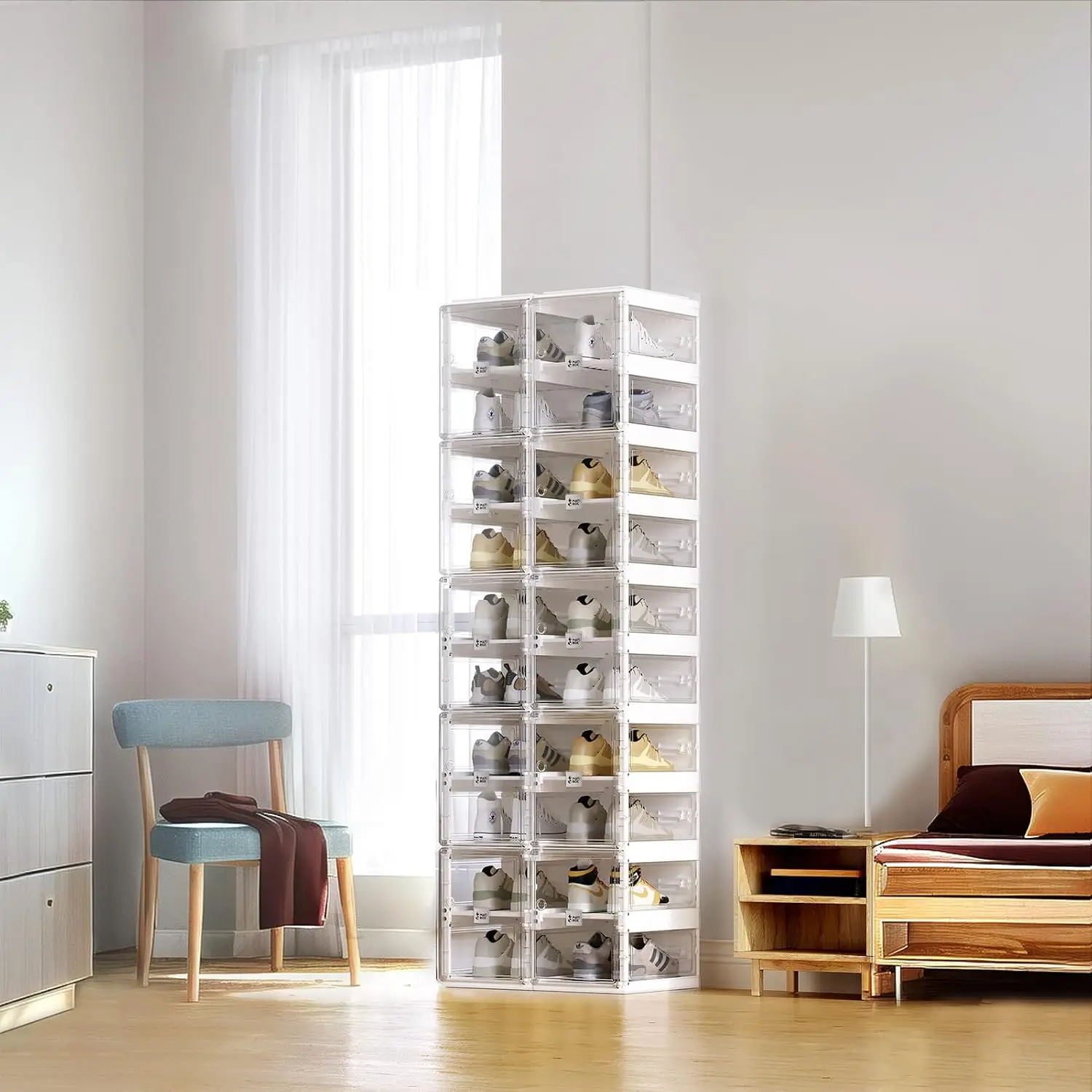 Clear Plastic Stackable Shoe Box, Drop Front Sneaker Organizer Storage Cabinet, 10 Tiers 20 Pairs, Customized