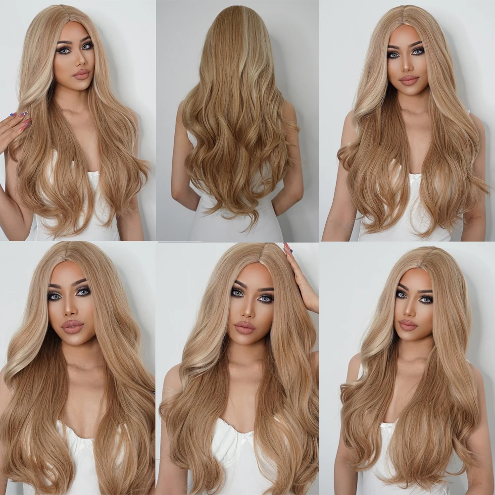 EASIHAIR Golden Highlight Blonde długie faliste peruki syntetyczne część środkowa naturalne włosy dla kobiet codzienna impreza włókna termoodporne