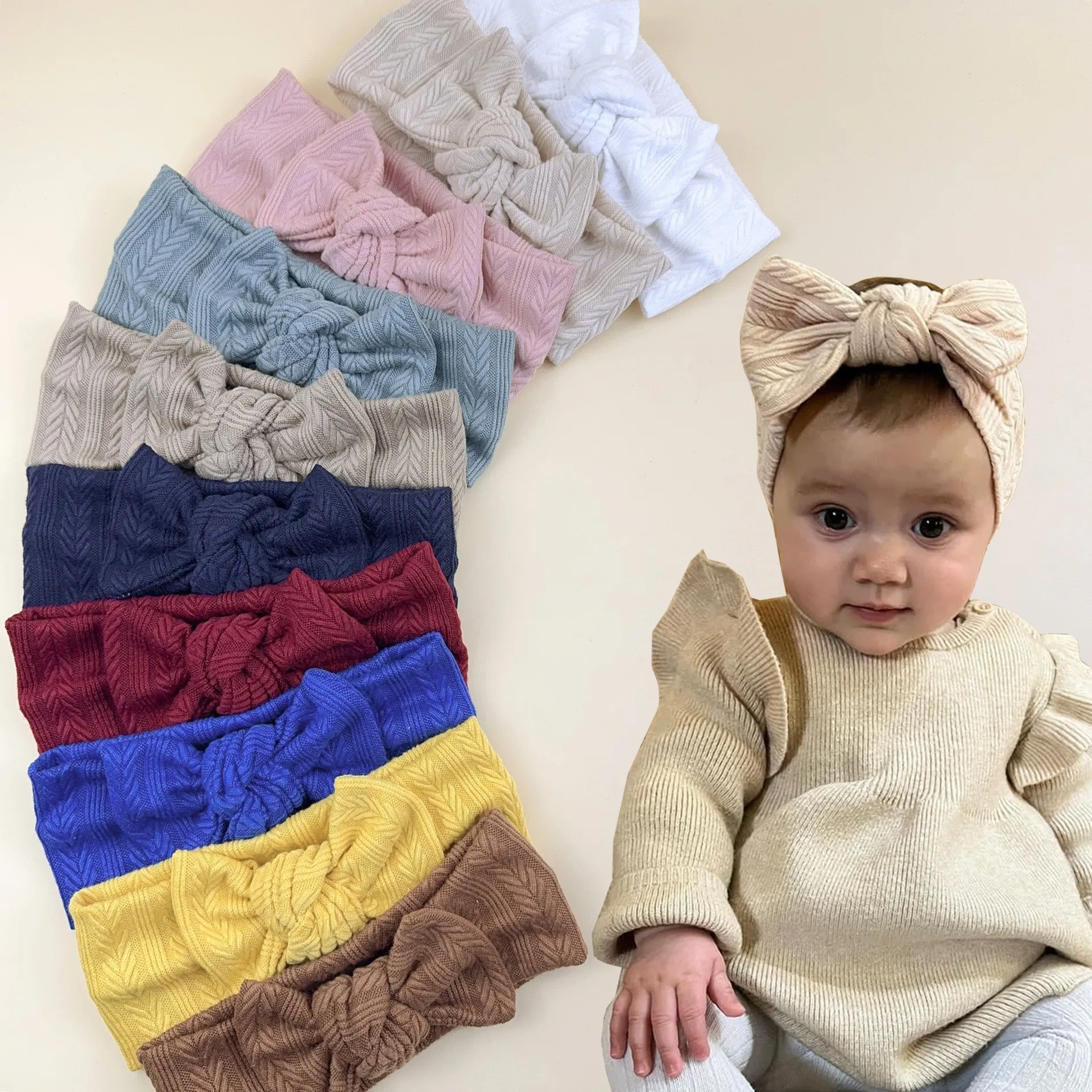 30PC/lot New Cable Knit Bow Headband Baby Solid Bowknot Elastic Hairbands Infant Toddler Cotton Head Wraps Kids Girls Headwear