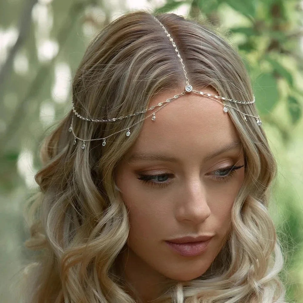 Fashion Boho Crystal Head Chain Wedding Hair Accessories Elegant Headpiece Bling Bridal Forehead Chain Indian Jewelry Gifts image 3