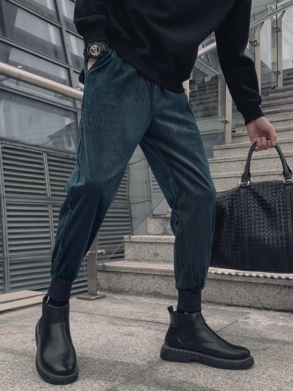 

Men's Autumn Winter Corduroy Cuffed Pants Casual Harajuku Sle Slim Fit Sports Trousers for Boots Youth Dync Pattern