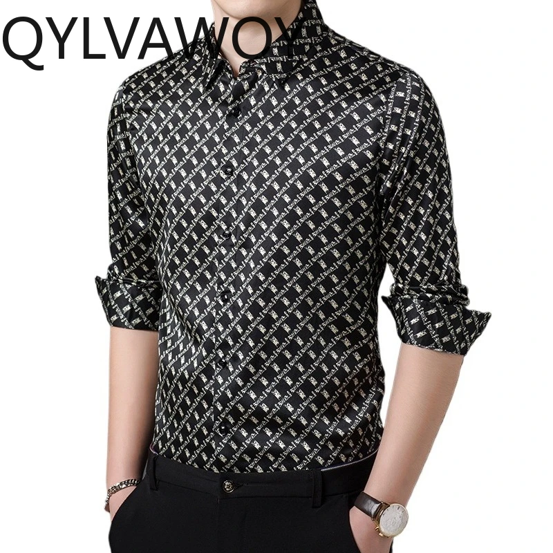 QYLVAWOY Long Sleeve Shirt Floral Men's Shirts 92.4% Mulberry Silk Shirts for Man Loose Man Clothes Spring Autumn Tops Fashion