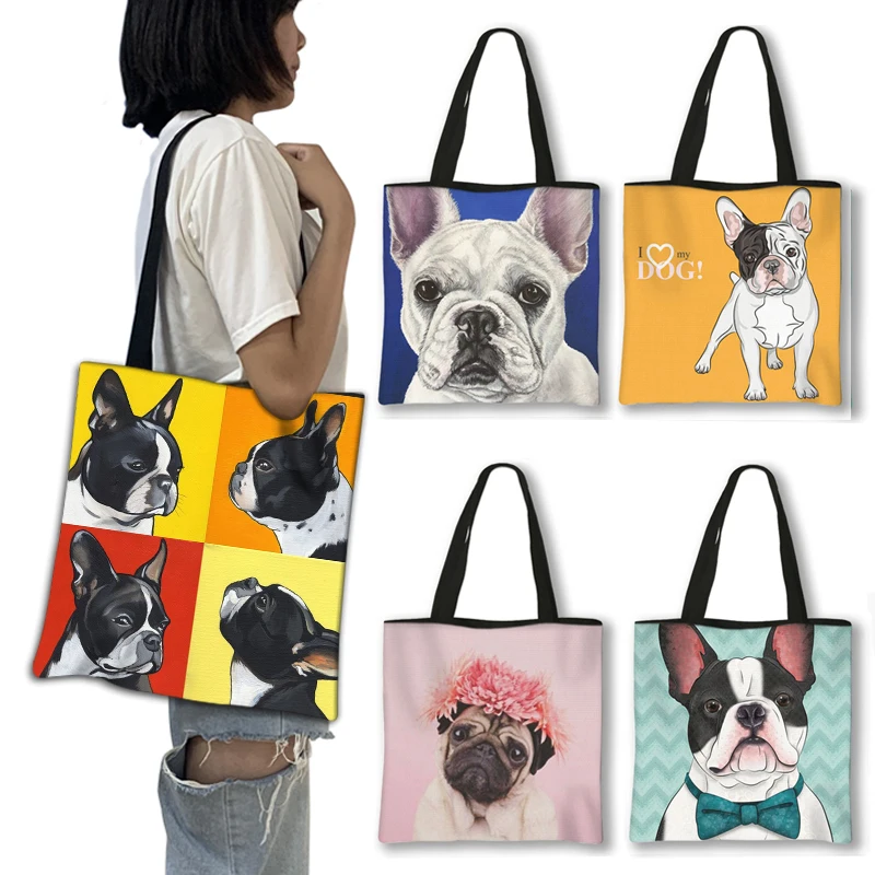 Cute French Bulldogs Dog Print Shopping Bag Women Handbags Female Large Capability For Travel Bag Children Shoulder Bags Gift