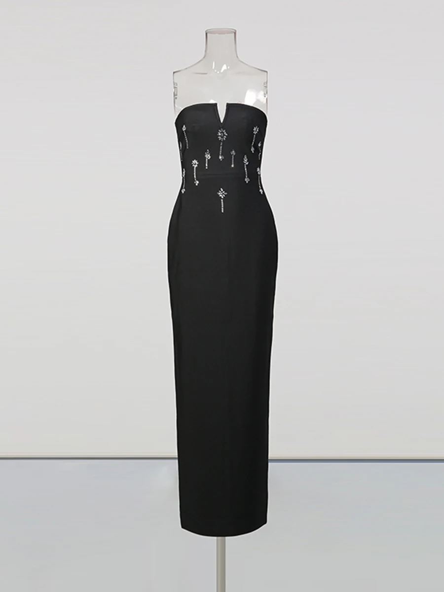 CHICEVER Black Spliced Diamonds Dress Female Square Collar Sleeveless Slimming Intellectual Luxury Women's Dresses Fashion Style