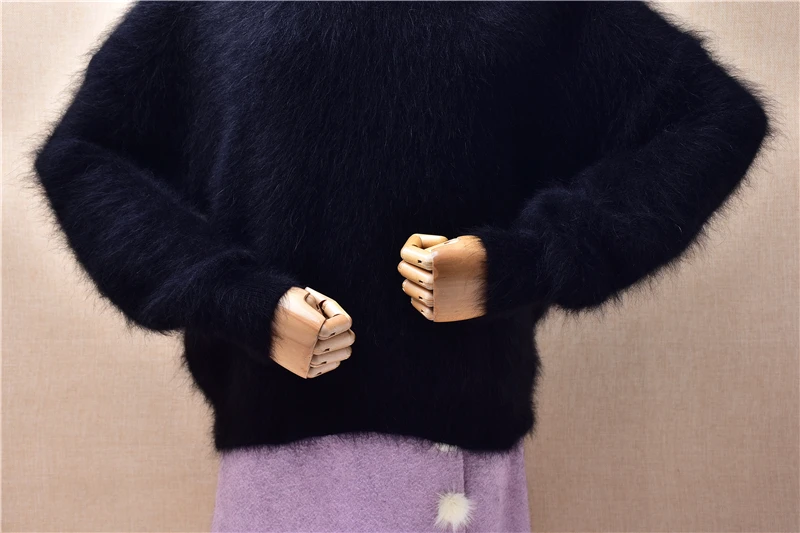 Women Mujer Autumn Winter Clothing Hairy Black Mink Cashmere Knitted V-Neck Crop Top Loose Pullover Angora Fur Sweater Jumper