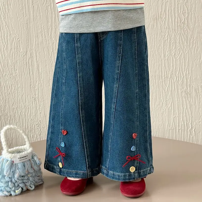 Children's Jeans Baby Girls Color Buckle 2026 Spring Autumn New Girls' Casual Western-style Straight Leg Wide Leg Pants