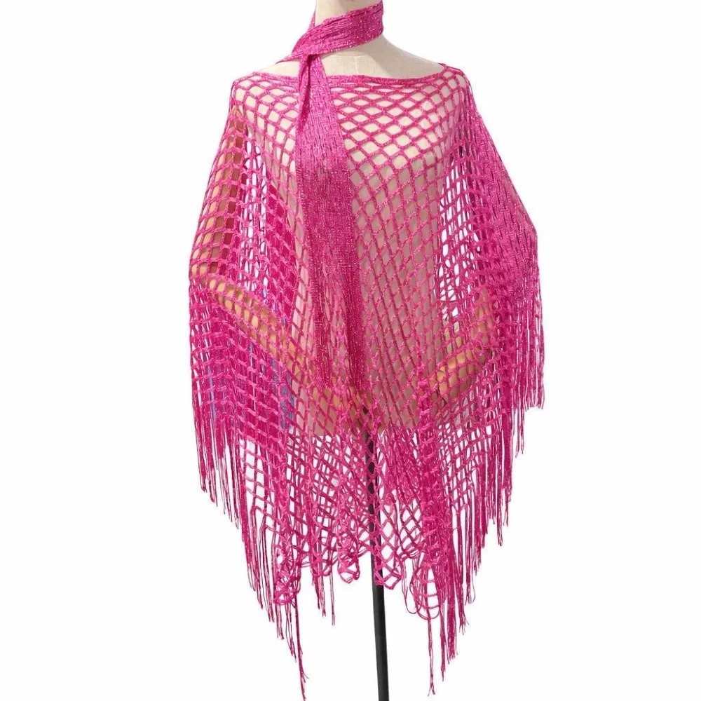 2pcs Oversized Shiny Shawl and Scarf Set Hollowed Out Tassel Shawl Summer Sun Shawl Knitted Sun Protection Cloak for Swimming