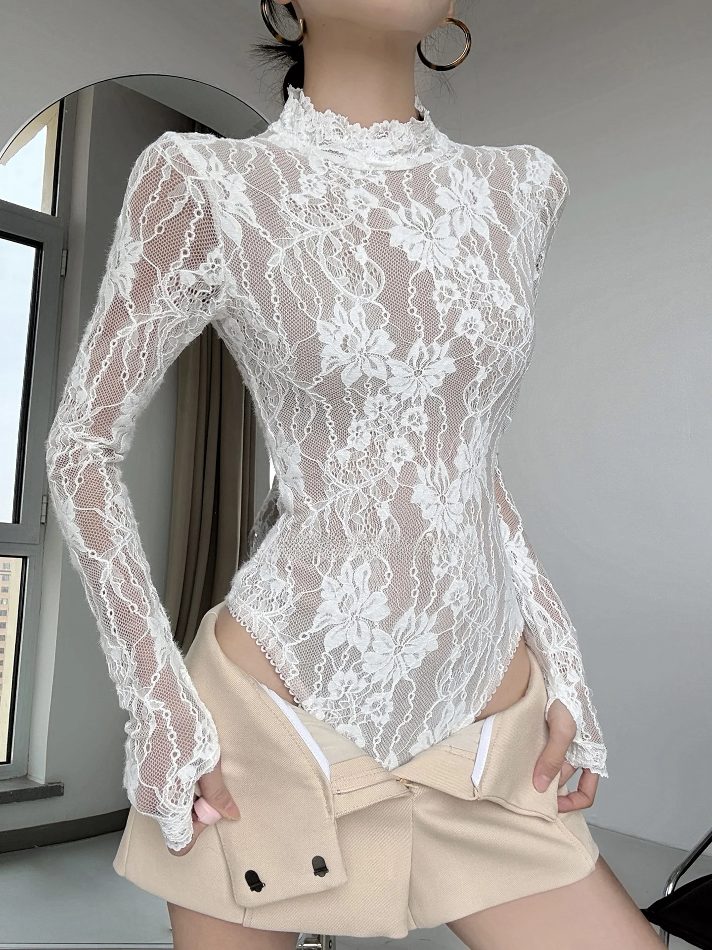Sexy Lace Embroidery Tight Crop Top Hot Girl Outfit Floral Pattern Long Sleeve High Waist  Suit for Women by Cotton ...