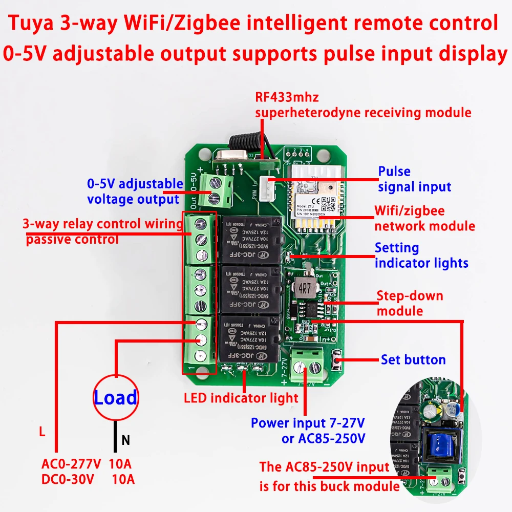 V7017 Tuya DC 7-27V AC 85-250V WiFi/Zigbee 3 Way Remote Control Relay Self-locking Inching Interlock with RF433 Function