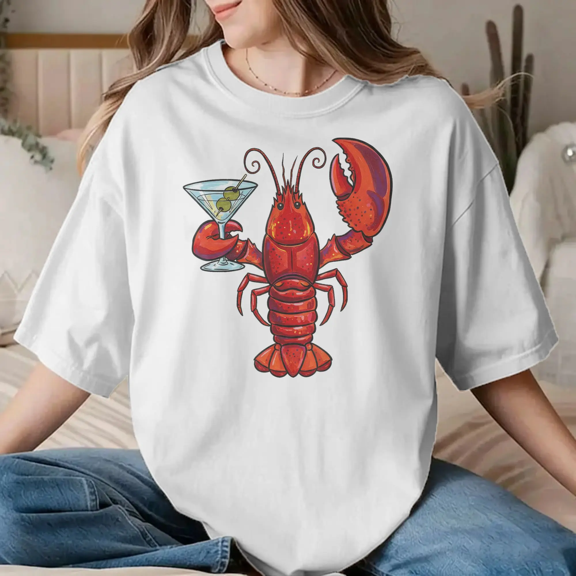 Camisetas para homens e mulheres, com estampas de lagosta e frutos do mar, design divertido, 100% algodão, manga curta, gola redonda, roupa, tamanhos 