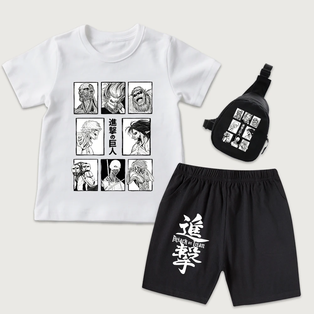 キッズ-進撃の巨人-プリント-コットン-tシャツ-半袖-カジュアルトップ-ミニチェストバッグセット付き-男の子と女の子用