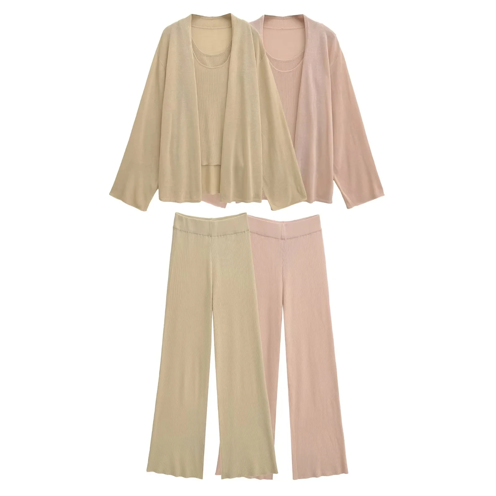 2025 Autumn New American Linen Long Sve Loose Cardigan Inner Vest High Waist Straight Leg Casual Pants Tee Piece Set