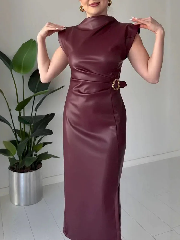 

Basic casual commuting dress summer new long skirt temperament leather jacket waist cinched round neck dress