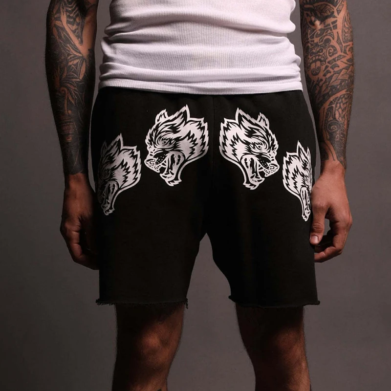 Summer new streetwear cotton casual men's five quarter pants printed Wolf head men's shorts outdoor fitness exercise pants